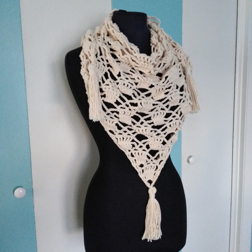Handmade Crochet Crème Ivory Scarf w/Tassels - Picture 4 of 7